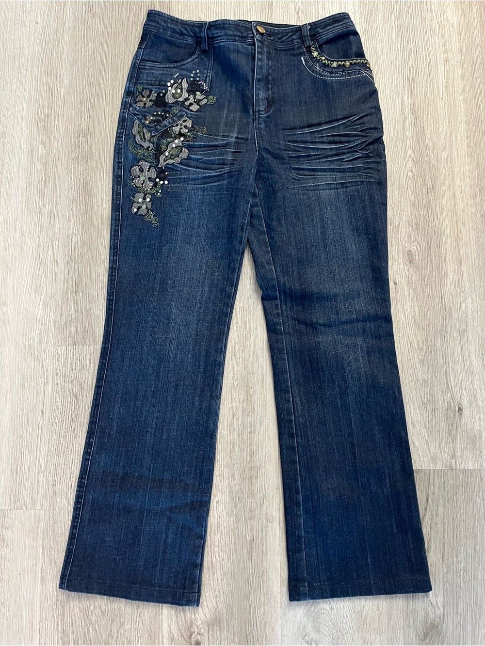 375–Dark Blue Women’s Jeans with Embroidered Floral Accent